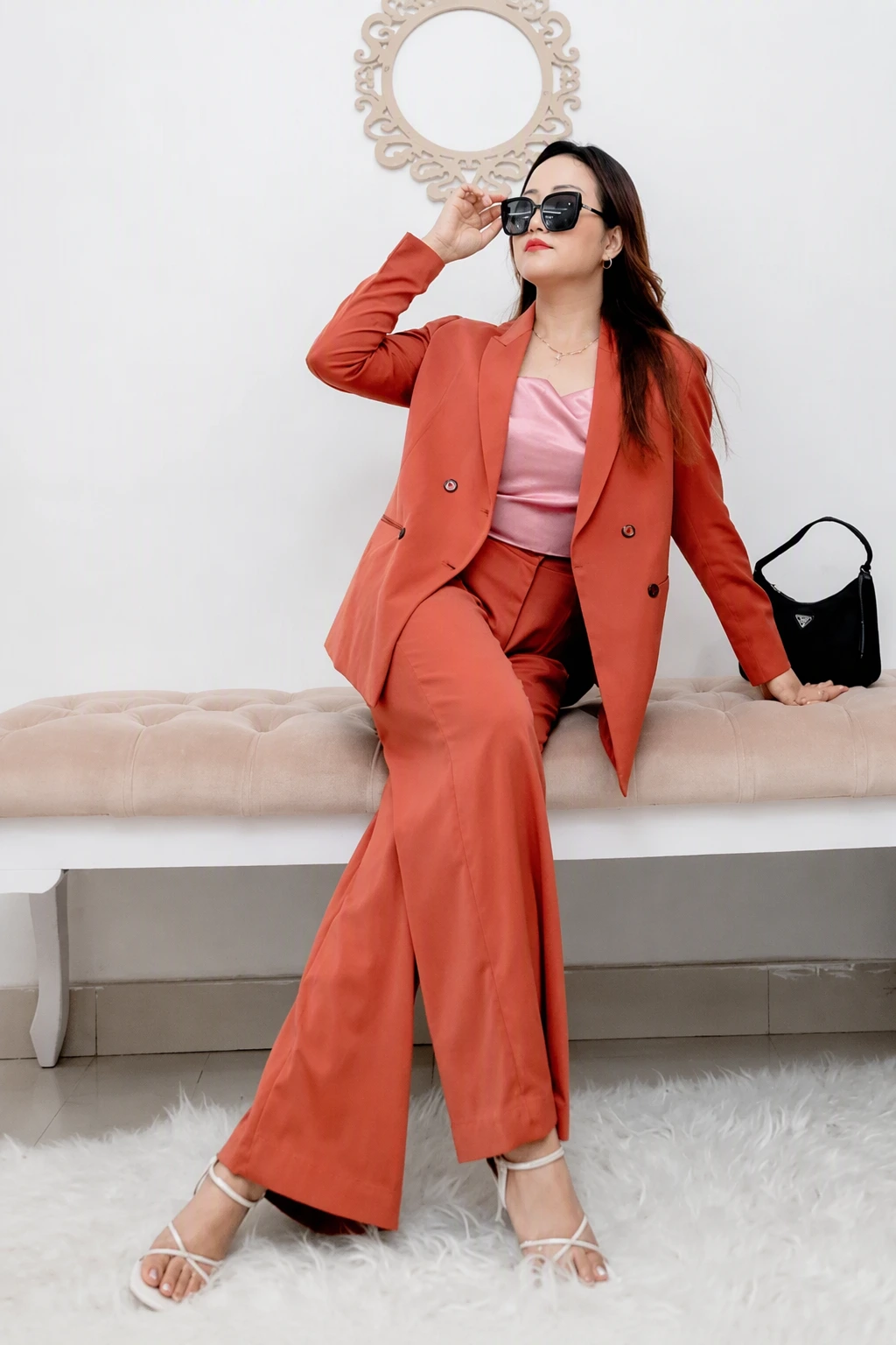 Rust Suit + Satin Top + Strappy Heels