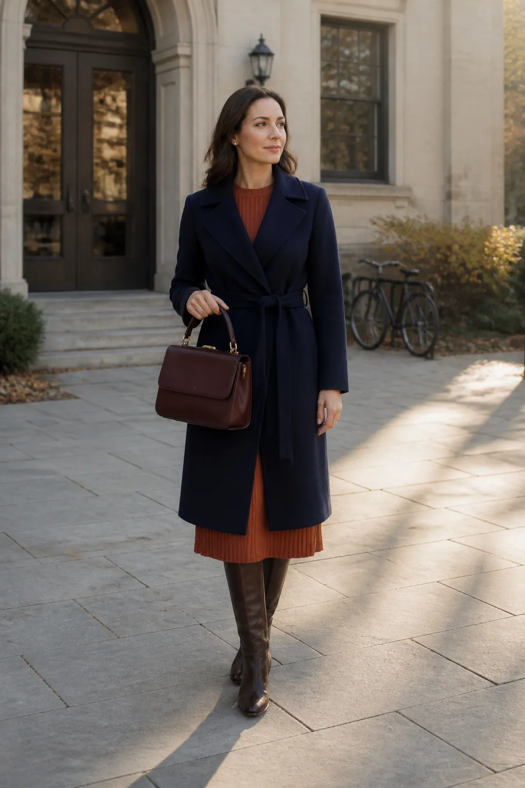 Rust Sweater Dress and Knee-High Riding Boots