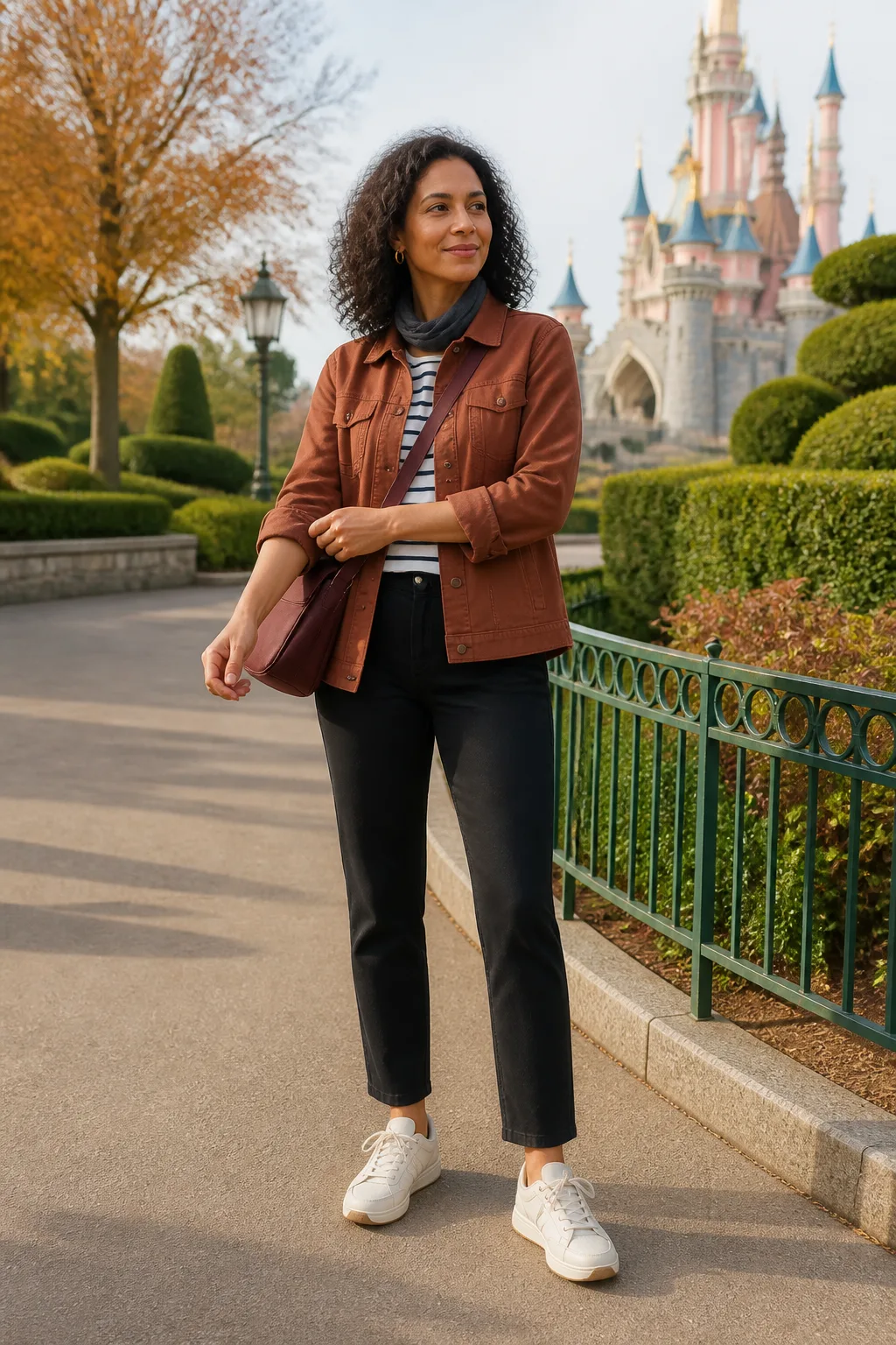 Rust Utility Jacket, Striped Shirt and Black Trousers