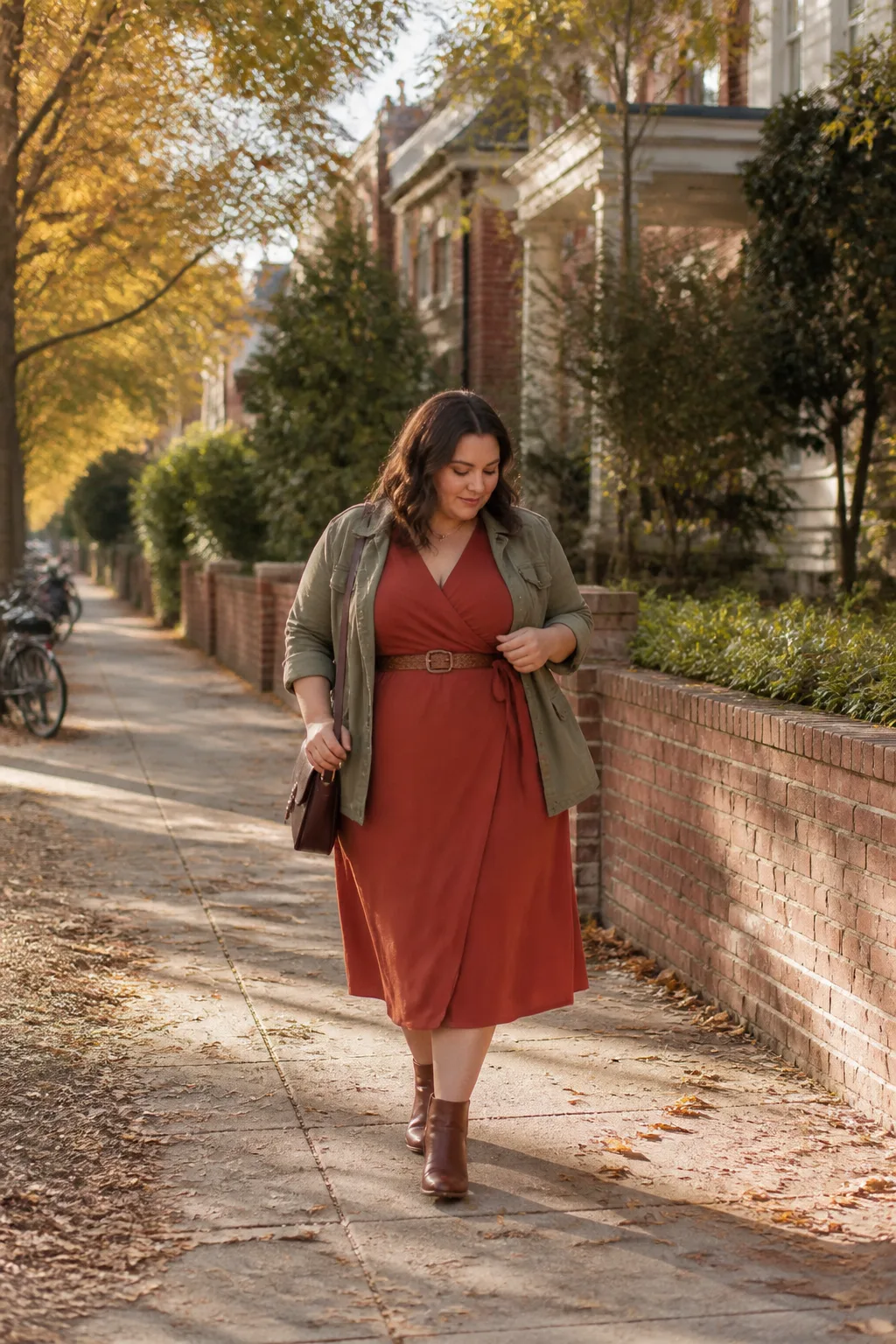 Rust Wrap Midi Dress with Olive Ankle Boots