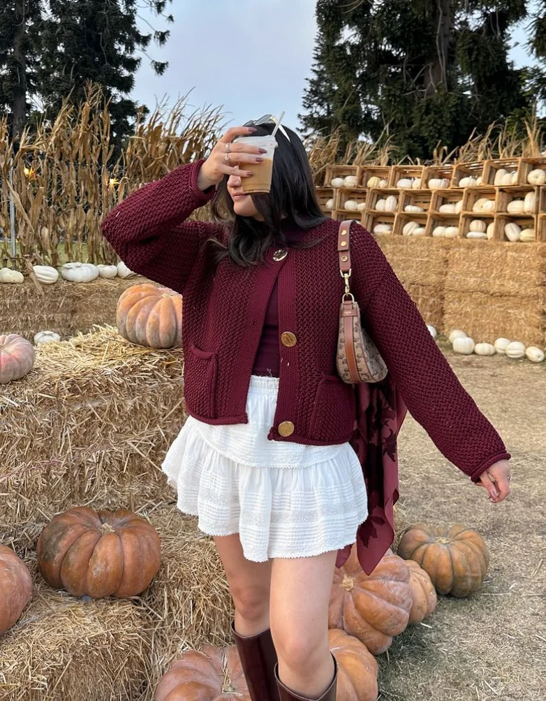 Rustic Charm: Burgundy Cardigan + White Skirt