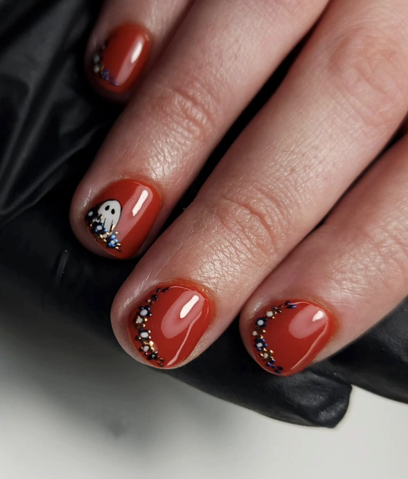Rustic Copper Short Nails with Playful Ghost Motifs and Glittery Accents