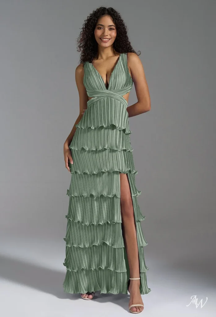 Sage Green Tiered Ruffle Gown with Cutout Waist