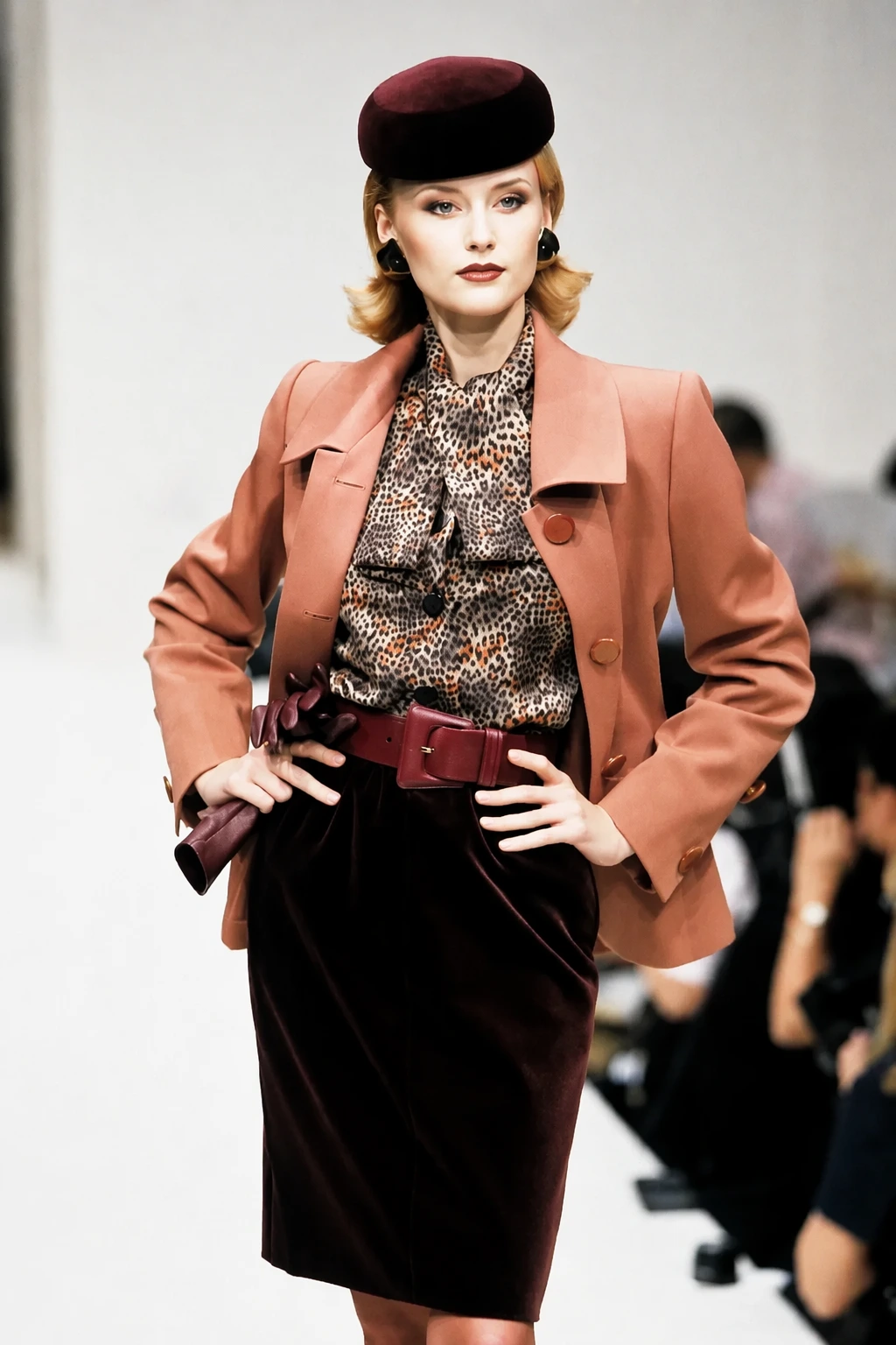 Salmon Blazer + Leopard Print Blouse + Velvet Skirt + Beret