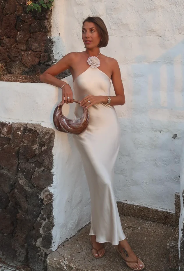 Satin Halter Neck Maxi White Dress with Brown Bag and Sandals