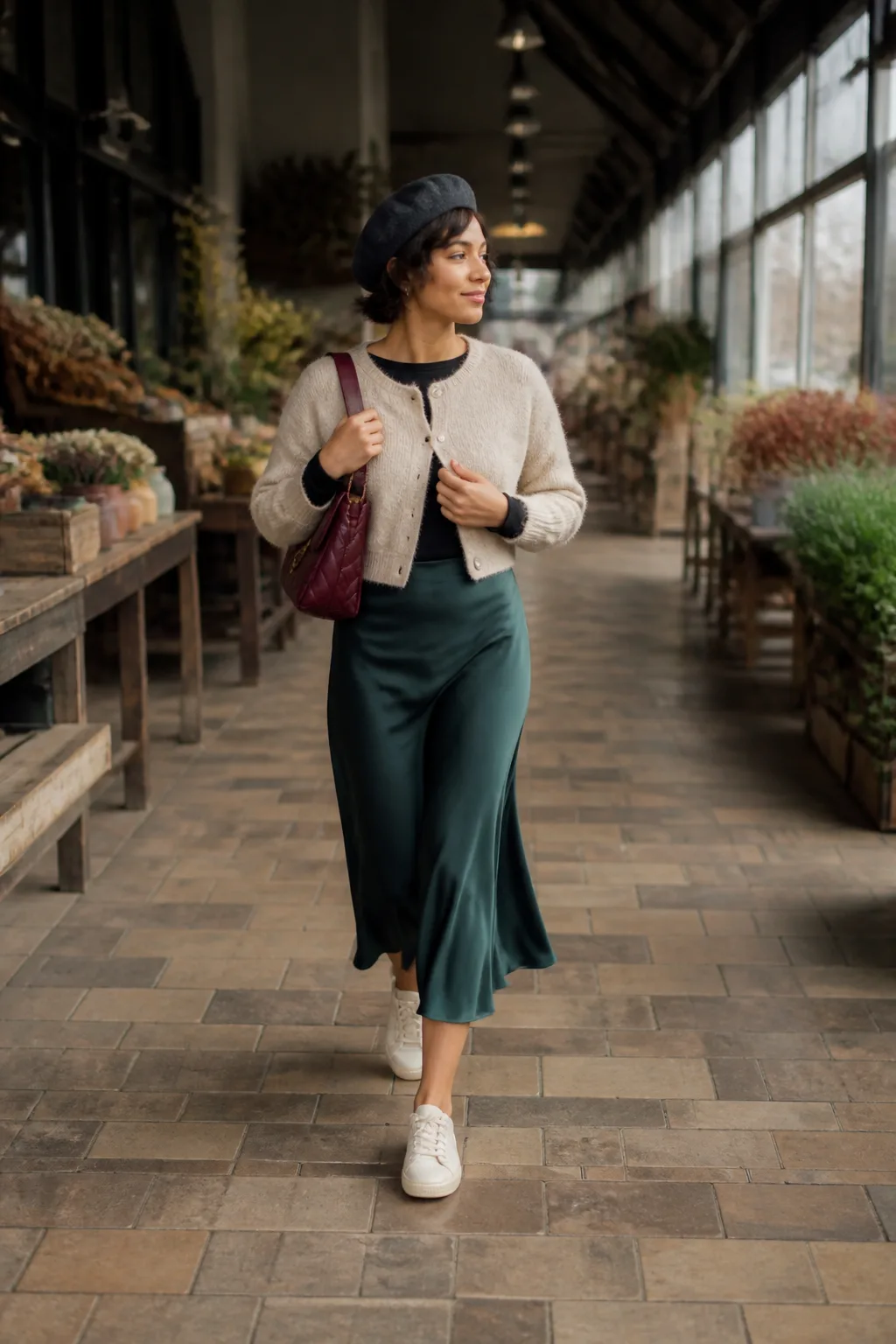 Satin Midi Skirt, Chunky Cardigan, and Low-Profile Sneakers
