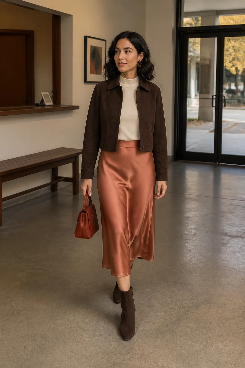 Satin Midi Skirt, Mock-Neck Top, and Suede Boots