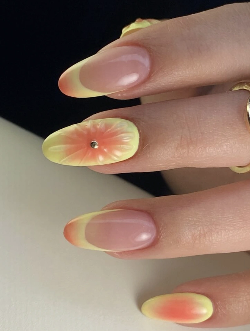 Sculpted Floral Accent Nail with Yellow Ombre French Tips