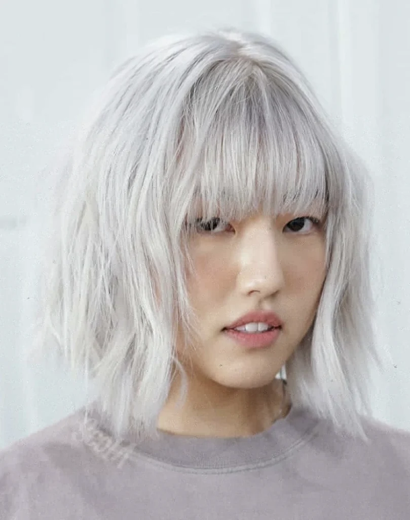 Shaggy Bob with Blunt Bangs and Silver Hair Color