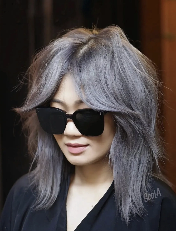 Shaggy Grey Bob with Textured Bangs and Shadow Roots