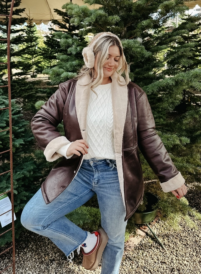 Shearling-Trimmed Coat + Cable Knit Sweater + Ugg Tasman Slippers