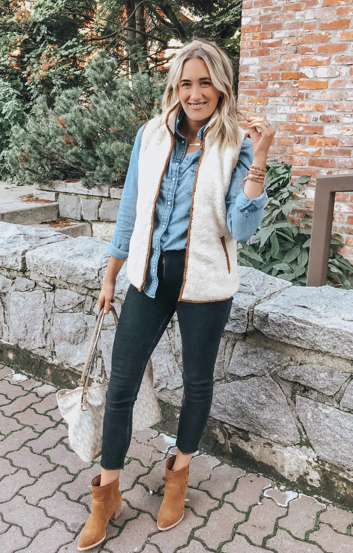 Shearling Vest + Chambray Shirt + Black Denim + Suede Booties