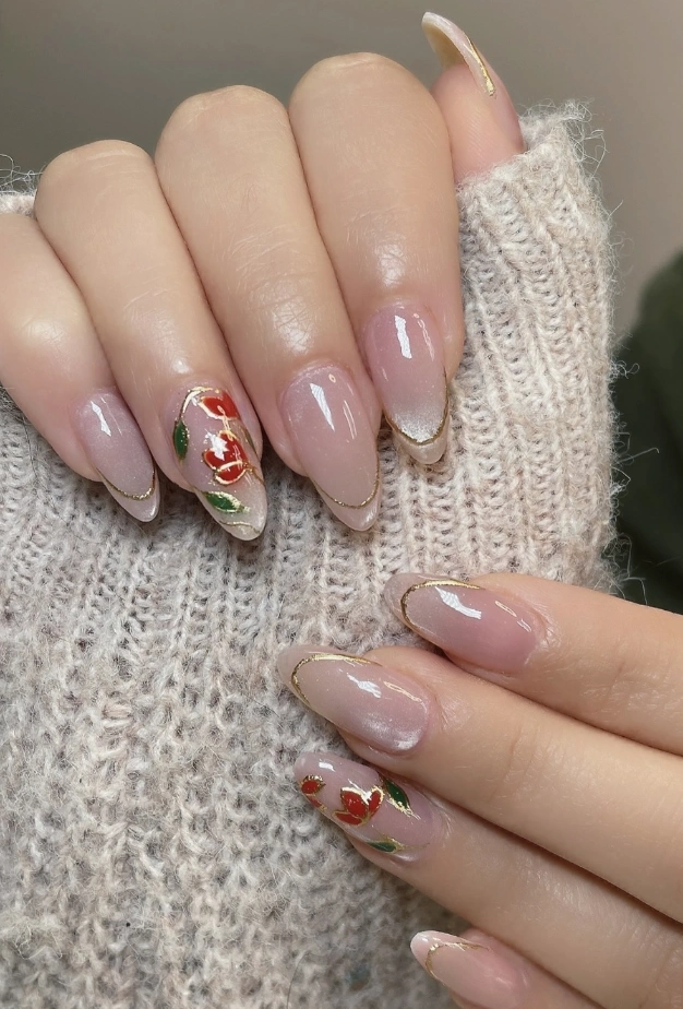 Sheer Almond Nails with Gold Outlines and Floral Detail
