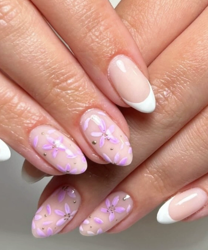 Sheer Almond Nails with Lilac Flower Accents