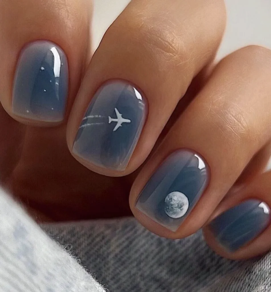 Sheer Blue Nail Art with Airplane and Moon