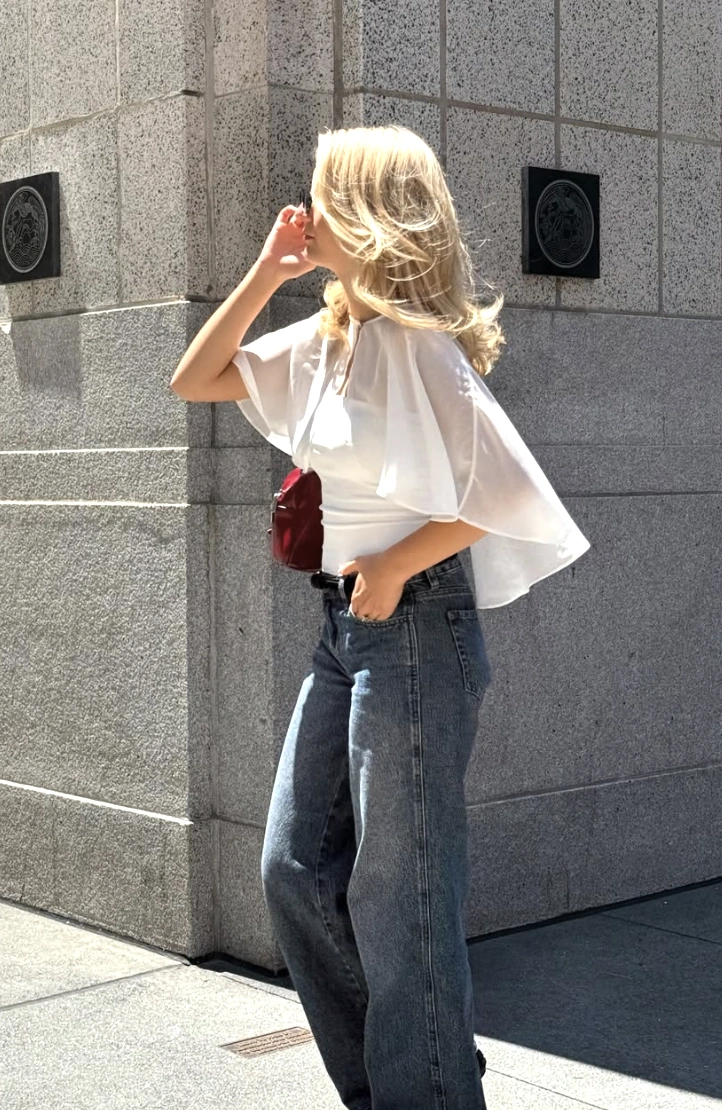 Sheer Cape Jacket + Wide-Leg Jeans + Burgundy Bag