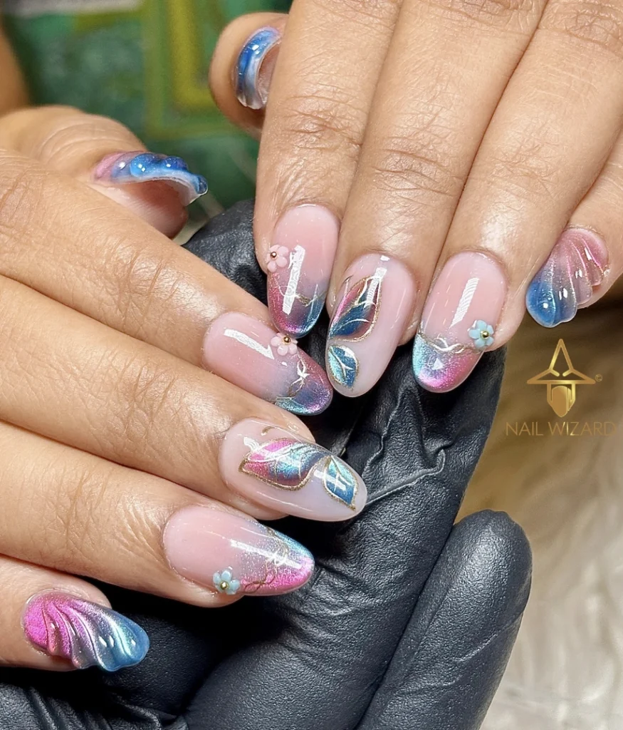 Sheer Pink Almond Nails with Watercolor Leaves and 3D Accents
