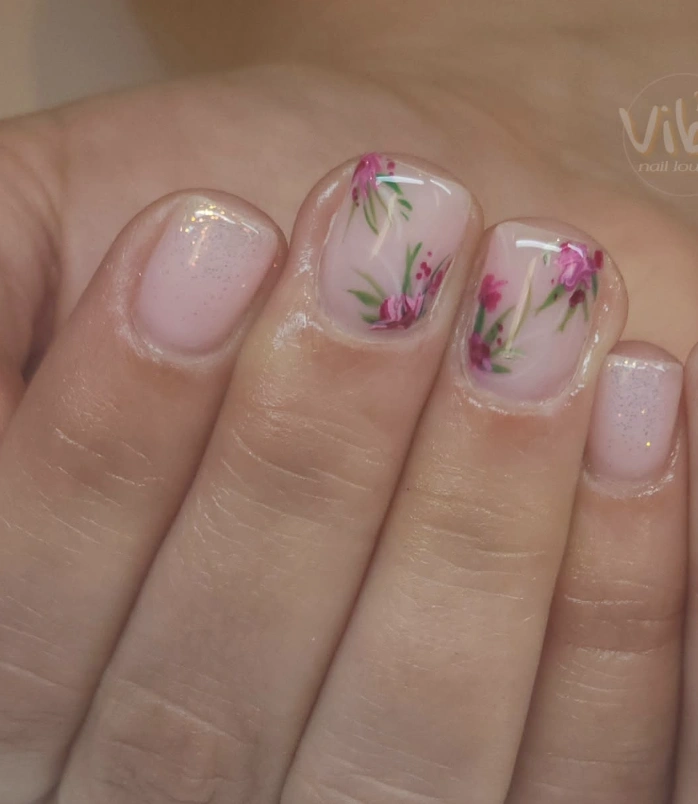 Sheer Pink Nails with Delicate Floral Design