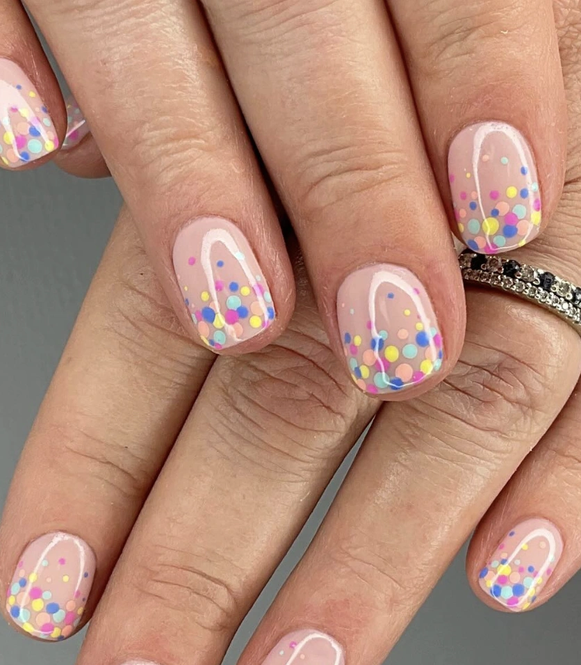 Sheer Pink Nails with Pastel Polka Dot Gradient