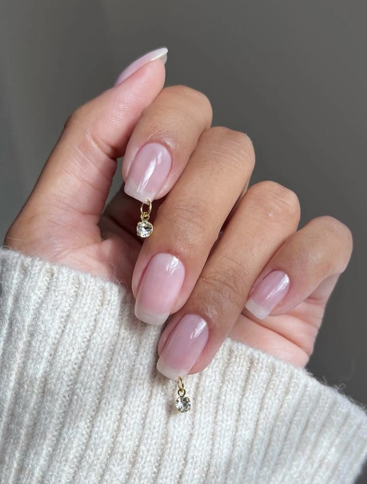 Sheer Pink Square Nails with Dangling Crystal Charm
