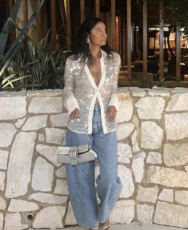 Sheer Sequin Top + Light Wash Baggy Jeans + Silver Crossbody Bag + Strappy Clear Heels