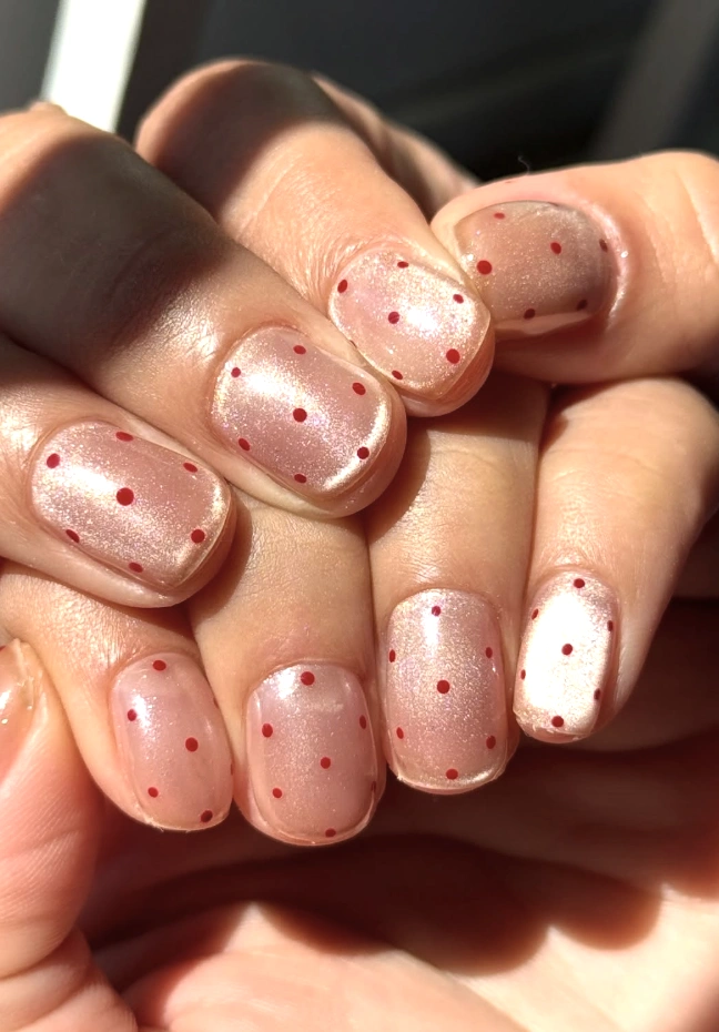 Sheer Shimmer Nails with Red Polka Dots