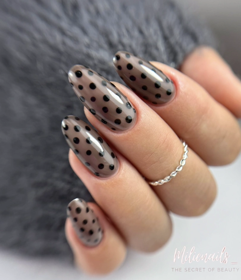 Sheer Taupe Almond Nails with Dark Brown Polka Dots