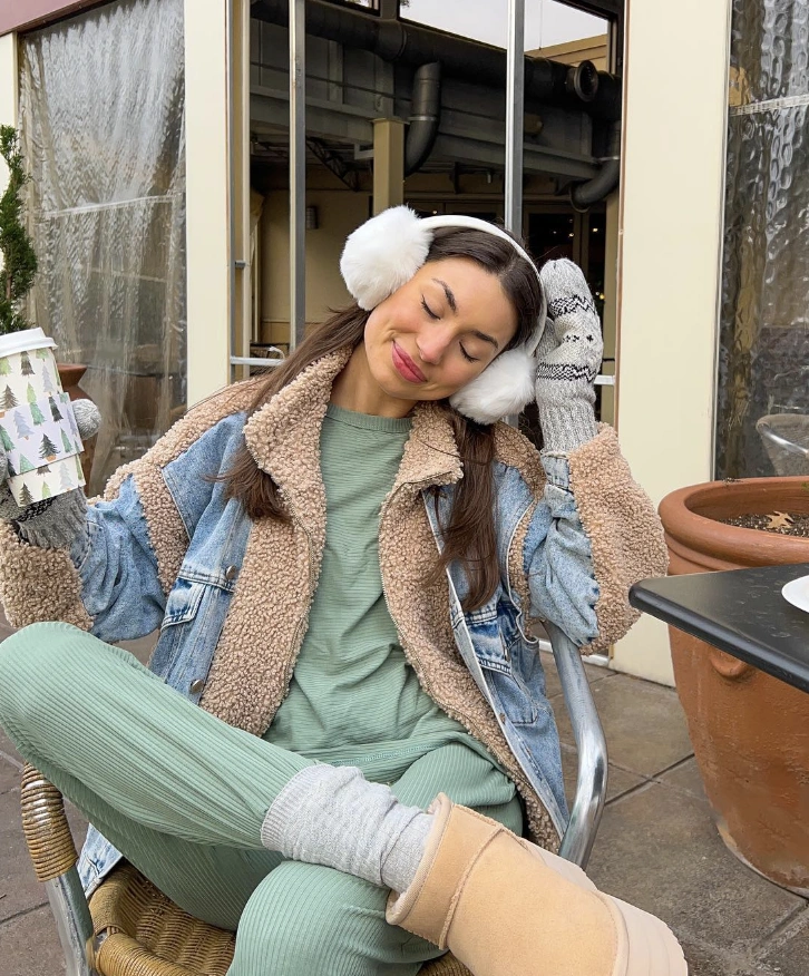 Sherpa Trim Denim Jacket + Ribbed Knit Set + Earmuffs + Ugg Boots