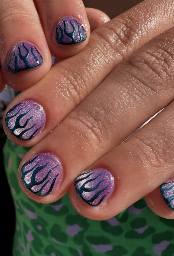 Shimmering Lavender Nails with Teal Flame Accents