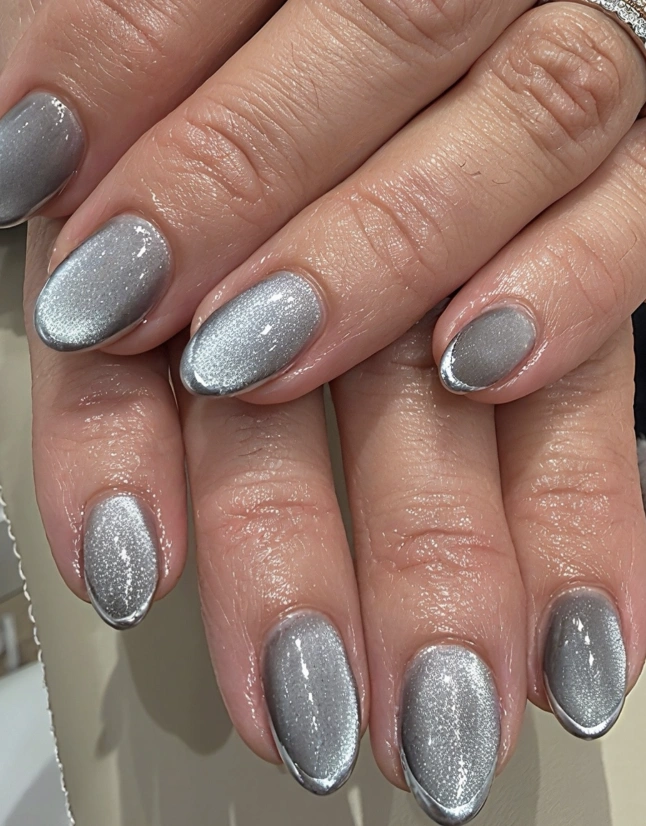 Shimmering Silver Cat-Eye Nails with Chrome Tips