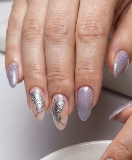 Shimmery Lavender Almond Nails with Silver Butterfly Decals