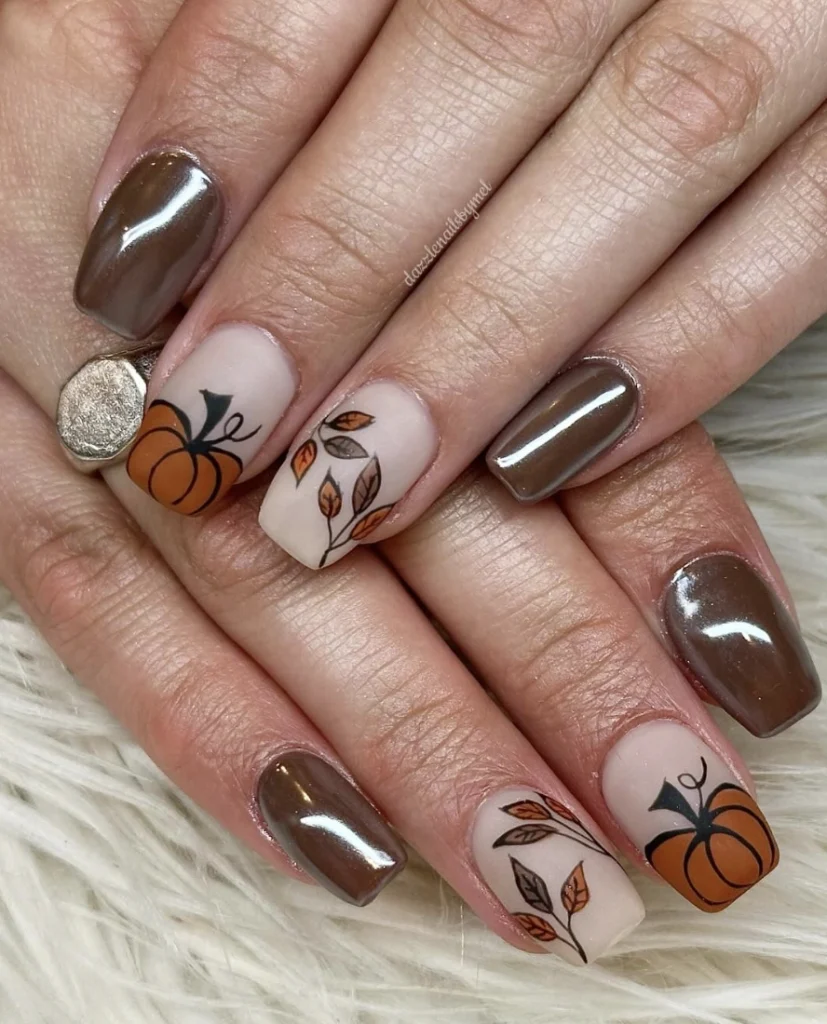 Short Fall Nails with Pumpkin Motifs and Earthy Brown Tones