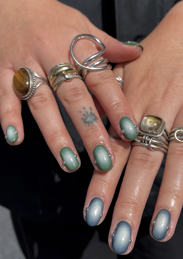 Short Oval Nails with Green and Blue Gradient and Silver Studs