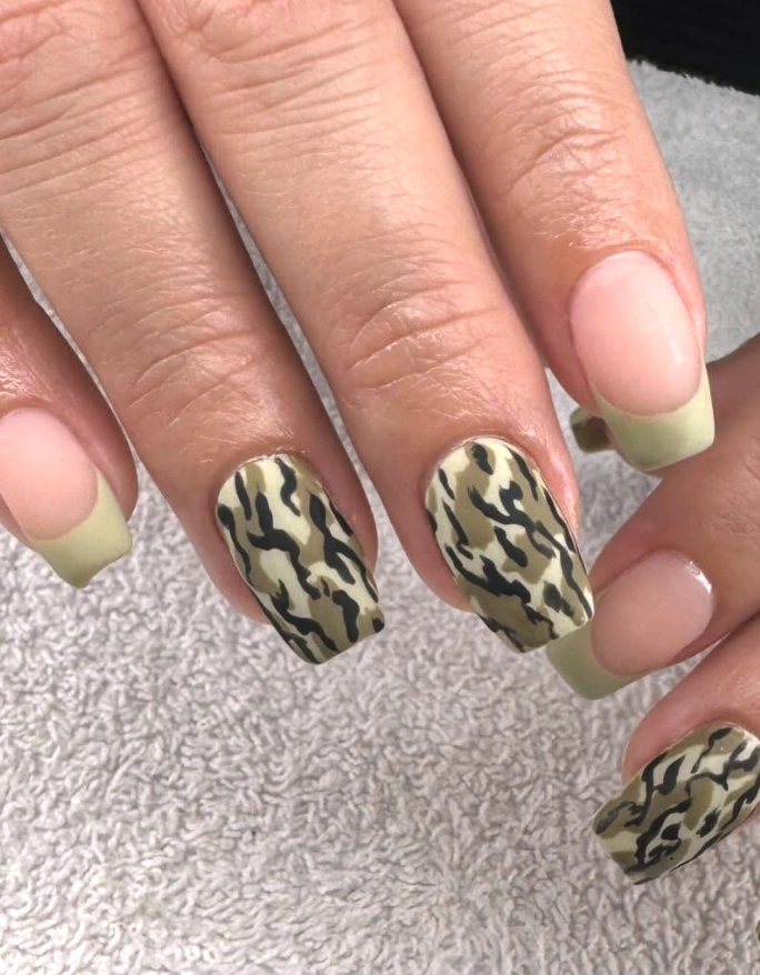 Short Square Camo Accent Nails with French Tip