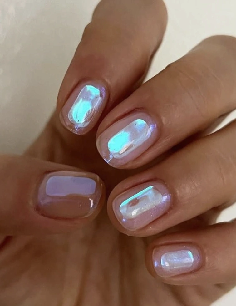 Short, Square Nails with Iridescent Aurora Finish