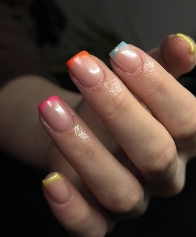 Short Square Nails with Neon French Tips
