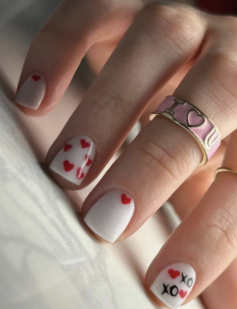 Short Square Nails with Red Heart and “XO” Accents