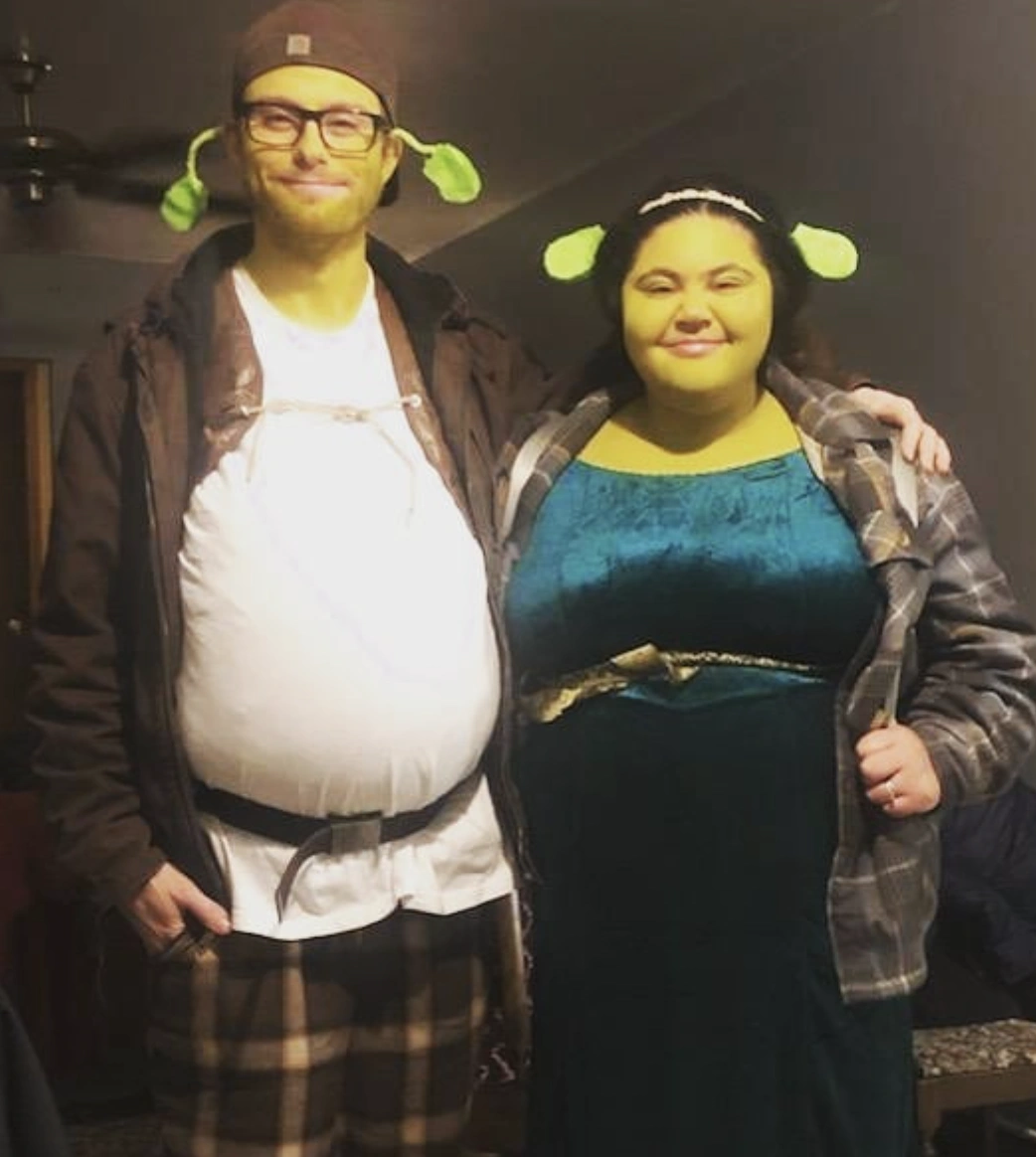 Shrek Costume + Princess Fiona Dress + Green Face Paint + Ogre Ears Headband