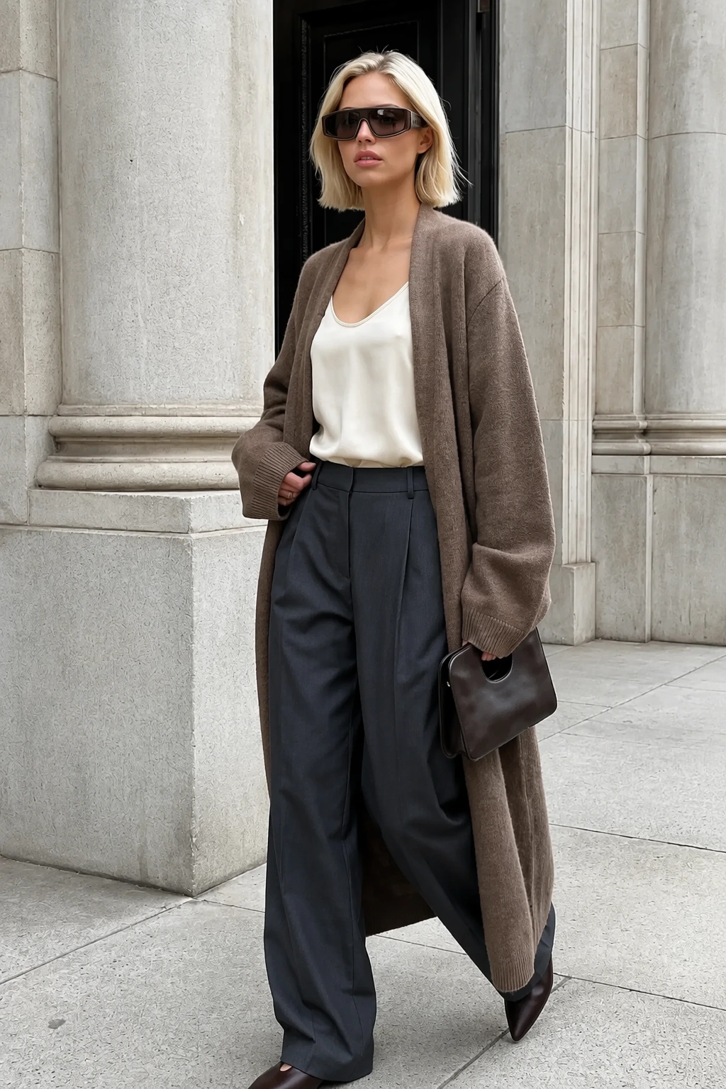 Silk Cami + Duster Cardigan + Wide Leg Pleated Pants Outfit + Mini Bag