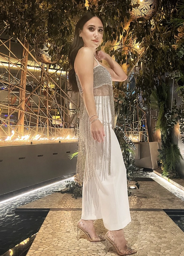 Silver Fringe Top + White Wide-Leg Trousers + Clear Heeled Sandals