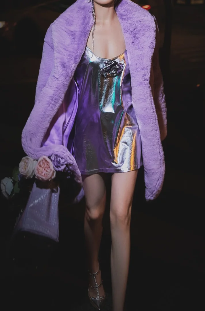 Silver Metallic Slip Mini Dress with Lilac Faux Fur Coat