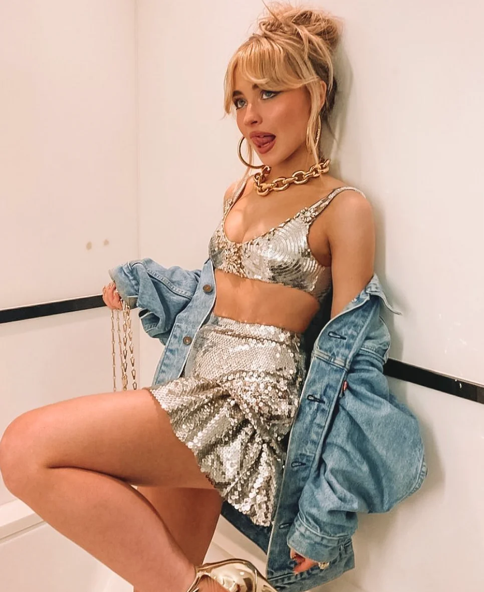 Silver Sequin Bralette and Ruffled Sequin Mini Skirt with Oversized Denim Jacket