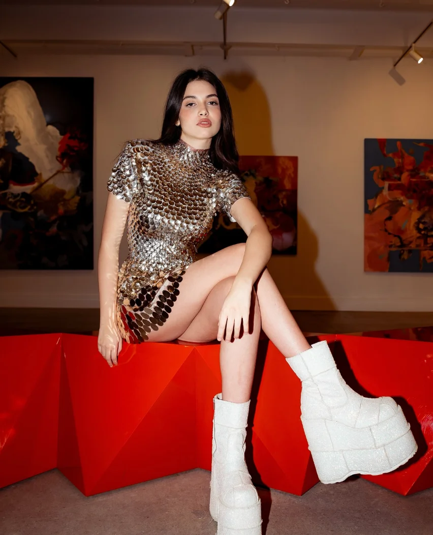 Silver Sequin Mini Dress + White Platform Ankle Boots