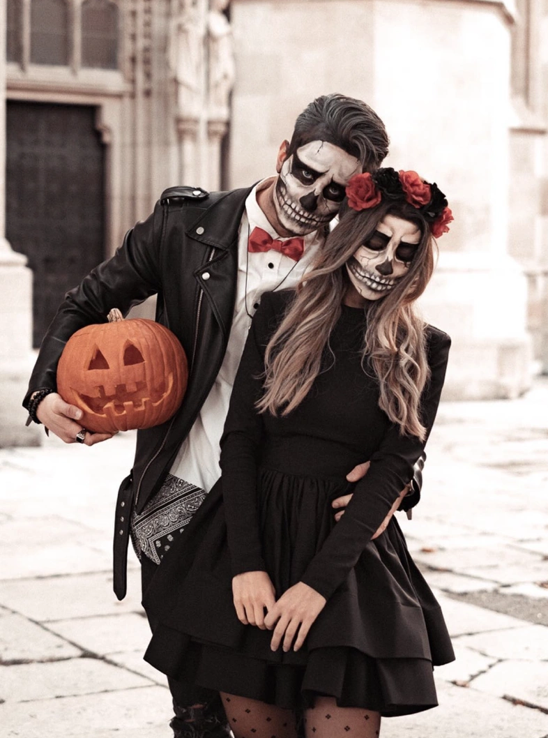 Skeleton Makeup + Black Long Sleeve Dress + Leather Jacket + Red Rose Crown + Pumpkin Prop