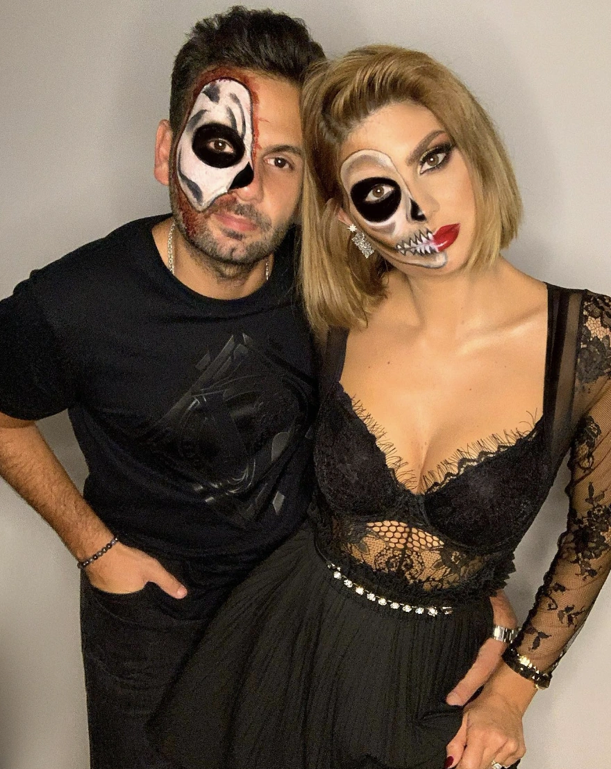 Skull Makeup + Black Lace Bodysuit + Black Maxi Skirt + Black T-Shirt & Jeans