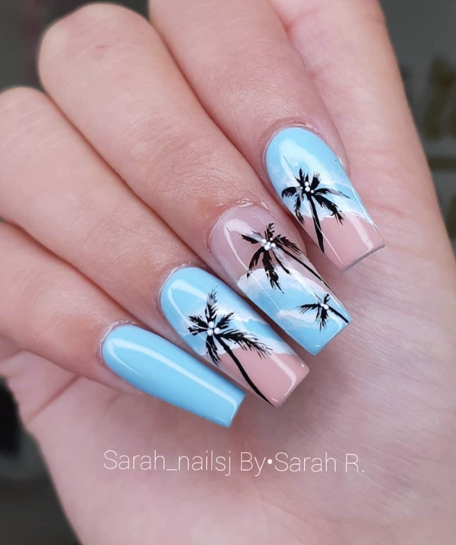 Sky Blue Coffin Nails with Palm Tree Art