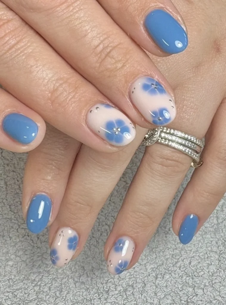 Sky Blue Solid and Floral Accent Nails with Rhinestones