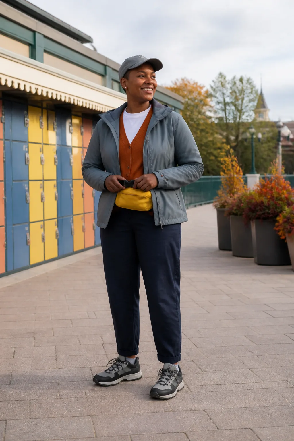 Slate Shell Jacket, Orange Cardigan and Navy Chinos