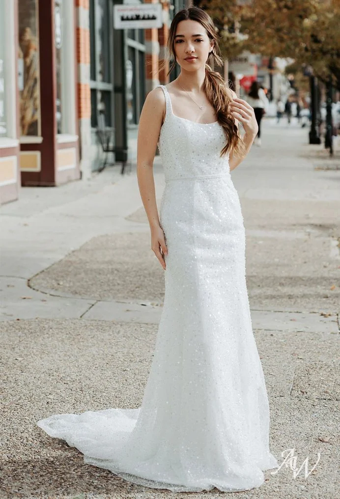 Sleek Beaded Gown with Square Neckline and Subtle Train