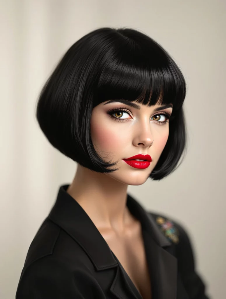 Sleek Black Bob with Blunt Bangs